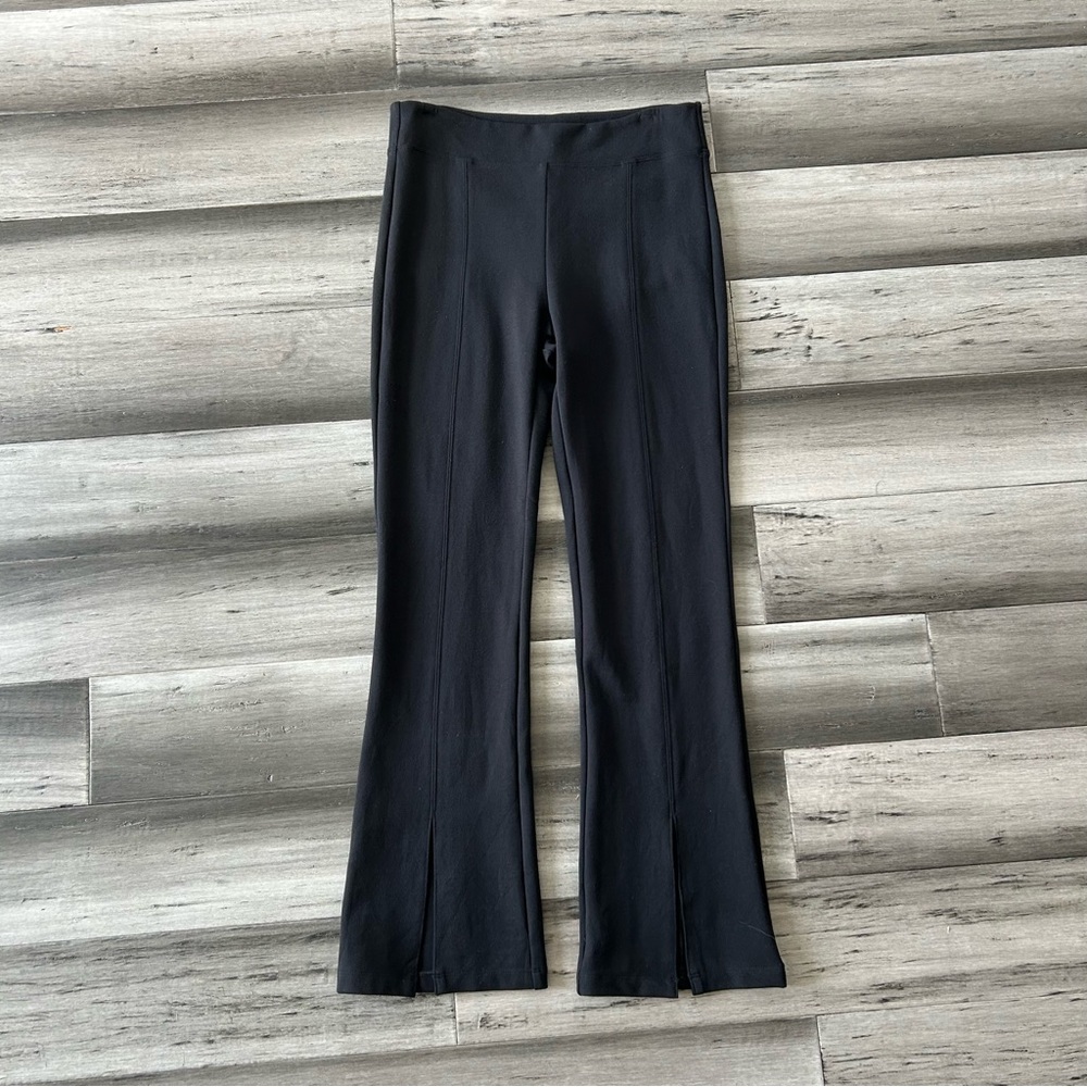 Cabi Black Tuxedo Flegging High Rise Flared Leggings w/ Split Hem - Picture 3 of 8